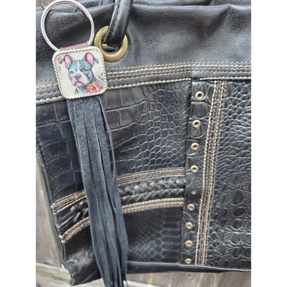 Handmade boho Pitbull dog lover gift Leather Fringe Western bag charm keychain - Picture 2 of 4